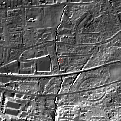 Shaded relief map of the ground around LS298NJ, computed from Environment Agency LiDAR. The ground here sits at about 89 m above sea level and falls 53 m across the surrounding 800 m. Surface water reaching this point runs off ground lying to the south, 5.0 m higher.