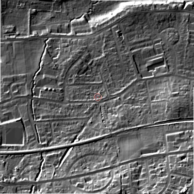 Shaded relief map of the ground around LS298NL, computed from Environment Agency LiDAR. The ground here sits at about 85 m above sea level and falls 46 m across the surrounding 800 m. Surface water reaching this point runs off ground lying to the south-east, 28.7 m higher.