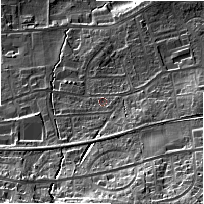 Shaded relief map of the ground around LS298NN, computed from Environment Agency LiDAR. The ground here sits at about 86 m above sea level and falls 48 m across the surrounding 800 m. Surface water reaching this point runs off ground lying to the south-south-west, 9.7 m higher.