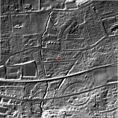 Shaded relief map of the ground around LS298NP, computed from Environment Agency LiDAR. The ground here sits at about 88 m above sea level and falls 49 m across the surrounding 800 m. Surface water reaching this point runs off ground lying to the south-south-west, 8.4 m higher.