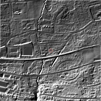 Shaded relief map of the ground around LS298NR, computed from Environment Agency LiDAR. The ground here sits at about 91 m above sea level and falls 56 m across the surrounding 800 m. Surface water reaching this point runs off ground lying to the south-west, 5.5 m higher.