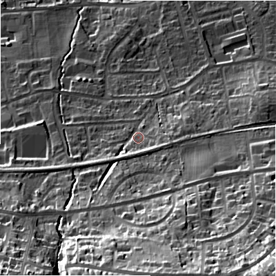 Shaded relief map of the ground around LS298NW, computed from Environment Agency LiDAR. The ground here sits at about 91 m above sea level and falls 57 m across the surrounding 800 m. Surface water reaching this point runs off ground lying to the south-south-east, 5.9 m higher.