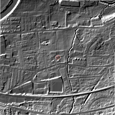Shaded relief map of the ground around LS298NZ, computed from Environment Agency LiDAR. The ground here sits at about 83 m above sea level and falls 42 m across the surrounding 800 m. Surface water reaching this point runs off ground lying to the south, 13.8 m higher.