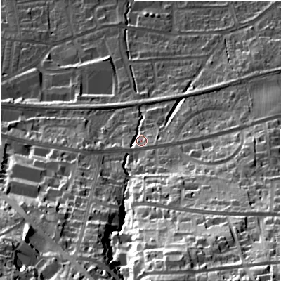 Shaded relief map of the ground around LS298QA, computed from Environment Agency LiDAR. The ground here sits at about 101 m above sea level and falls 71 m across the surrounding 800 m. Surface water reaching this point runs off ground lying to the south-south-east, 22.7 m higher.