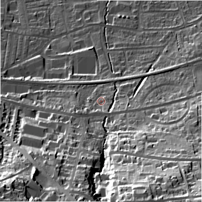 Shaded relief map of the ground around LS298QB, computed from Environment Agency LiDAR. The ground here sits at about 98 m above sea level and falls 69 m across the surrounding 800 m. Surface water reaching this point runs off ground lying to the south-south-east, 49.4 m higher.