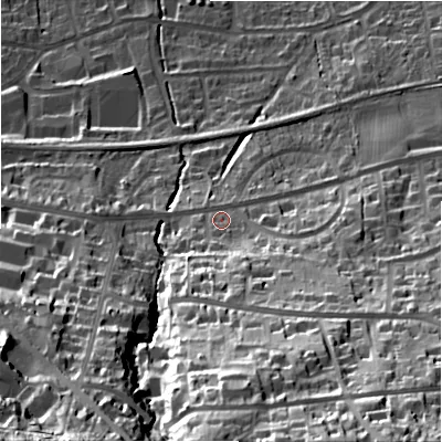 Shaded relief map of the ground around LS298QD, computed from Environment Agency LiDAR. The ground here sits at about 104 m above sea level and falls 75 m across the surrounding 800 m. Surface water reaching this point runs off ground lying to the south-south-east, 42.2 m higher.