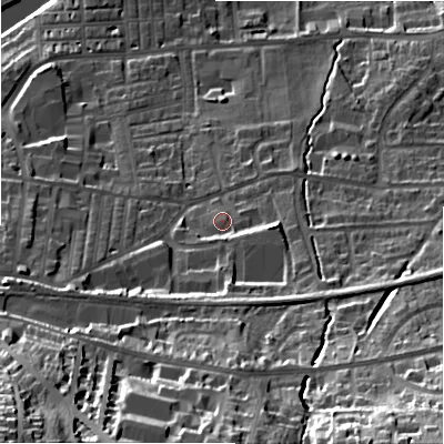 Shaded relief map of the ground around LS298UG, computed from Environment Agency LiDAR. The ground here sits at about 87 m above sea level and falls 55 m across the surrounding 800 m. Surface water reaching this point runs off ground lying to the south, 3.1 m higher.