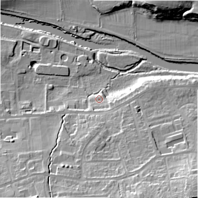 Shaded relief map of the ground around LS298UN, computed from Environment Agency LiDAR. The ground here sits at about 75 m above sea level and falls 30 m across the surrounding 800 m. Surface water reaching this point runs off ground lying to the south-east, 5.4 m higher.