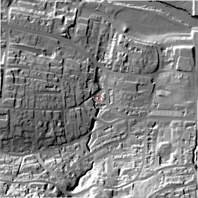 Shaded relief map of the ground around LS299AA, computed from Environment Agency LiDAR. The ground here sits at about 86 m above sea level and falls 68 m across the surrounding 800 m. Surface water reaching this point runs off ground lying to the south-west, 53.4 m higher.
