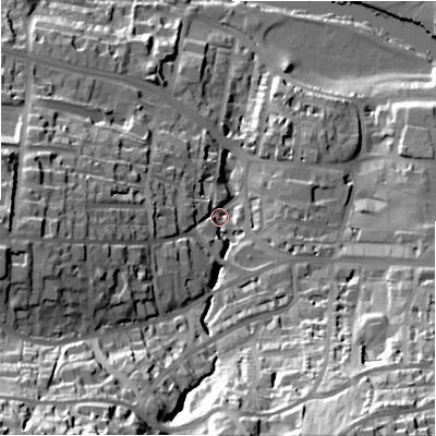 Shaded relief map of the ground around LS299AB, computed from Environment Agency LiDAR. The ground here sits at about 88 m above sea level and falls 69 m across the surrounding 800 m. Surface water reaching this point runs off ground lying to the south-west, 54.0 m higher.
