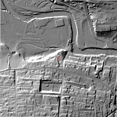 Shaded relief map of the ground around LS299BG, computed from Environment Agency LiDAR. The ground here sits at about 83 m above sea level and falls 53 m across the surrounding 800 m. Surface water reaching this point runs off ground lying to the south-west, 8.5 m higher.