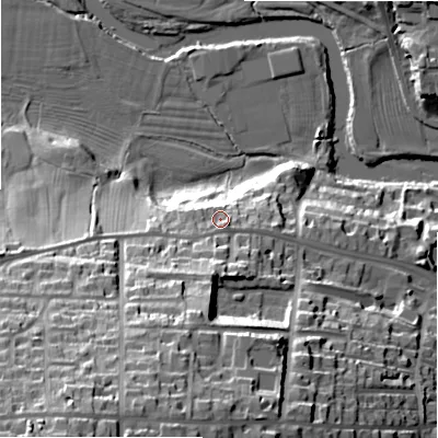 Shaded relief map of the ground around LS299BQ, computed from Environment Agency LiDAR. The ground here sits at about 90 m above sea level and falls 56 m across the surrounding 800 m. Surface water reaching this point runs off ground lying to the south-south-west, 5.1 m higher.