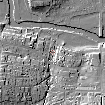 Shaded relief map of the ground around LS299DQ, computed from Environment Agency LiDAR. The ground here sits at about 79 m above sea level and falls 44 m across the surrounding 800 m. Surface water reaching this point runs off ground lying to the south-west, 36.5 m higher.