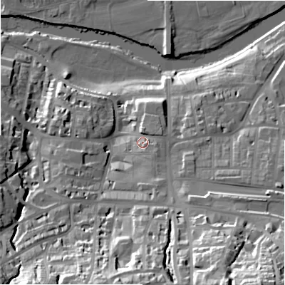 Shaded relief map of the ground around LS299DR, computed from Environment Agency LiDAR. The ground here sits at about 86 m above sea level and falls 53 m across the surrounding 800 m. Surface water reaching this point runs off ground lying to the south-east, 4.3 m higher.