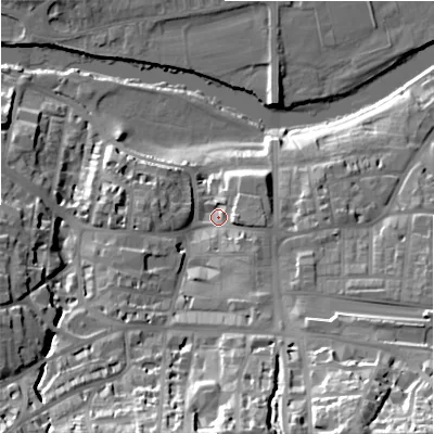 Shaded relief map of the ground around LS299DS, computed from Environment Agency LiDAR. The ground here sits at about 82 m above sea level and falls 47 m across the surrounding 800 m. Surface water reaching this point runs off ground lying to the south, 28.7 m higher.