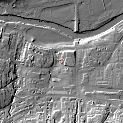 Shaded relief map of the ground around LS299DT, computed from Environment Agency LiDAR. The ground here sits at about 83 m above sea level and falls 44 m across the surrounding 800 m. Surface water reaching this point runs off ground lying to the east-south-east, 6.2 m higher.