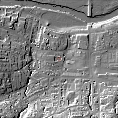Shaded relief map of the ground around LS299DZ, computed from Environment Agency LiDAR. The ground here sits at about 87 m above sea level and falls 55 m across the surrounding 800 m. Surface water reaching this point runs off ground lying to the west-south-west, 2.0 m higher.