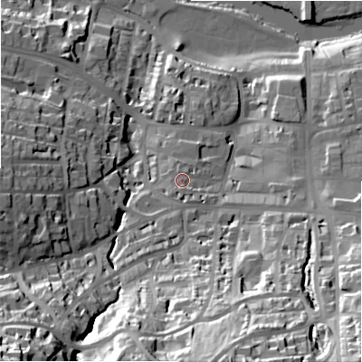Shaded relief map of the ground around LS299EA, computed from Environment Agency LiDAR. The ground here sits at about 90 m above sea level and falls 70 m across the surrounding 800 m. Surface water reaching this point runs off ground lying to the south-south-west, 2.6 m higher.