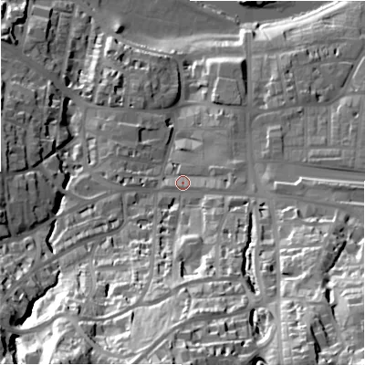 Shaded relief map of the ground around LS299EE, computed from Environment Agency LiDAR. The ground here sits at about 90 m above sea level and falls 71 m across the surrounding 800 m. Surface water reaching this point runs off ground lying to the south, 46.8 m higher.
