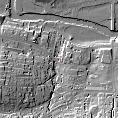 Shaded relief map of the ground around LS299EP, computed from Environment Agency LiDAR. The ground here sits at about 84 m above sea level and falls 45 m across the surrounding 800 m. Surface water reaching this point runs off ground lying to the south-west, 35.9 m higher.