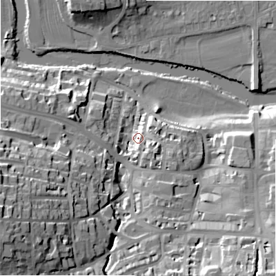 Shaded relief map of the ground around LS299ET, computed from Environment Agency LiDAR. The ground here sits at about 82 m above sea level and falls 43 m across the surrounding 800 m. Surface water reaching this point runs off ground lying to the south-west, 34.6 m higher.