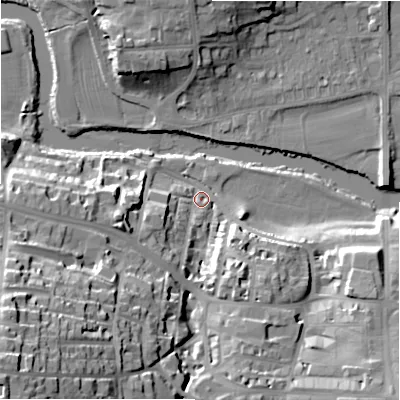 Shaded relief map of the ground around LS299EU, computed from Environment Agency LiDAR. The ground here sits at about 76 m above sea level and falls 44 m across the surrounding 800 m. Surface water reaching this point runs off ground lying to the south-west, 40.1 m higher.