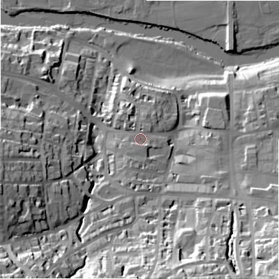 Shaded relief map of the ground around LS299EW, computed from Environment Agency LiDAR. The ground here sits at about 87 m above sea level and falls 51 m across the surrounding 800 m. Surface water reaching this point runs off ground lying to the south-east, 1.8 m higher.