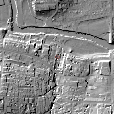 Shaded relief map of the ground around LS299EX, computed from Environment Agency LiDAR. The ground here sits at about 79 m above sea level and falls 44 m across the surrounding 800 m. Surface water reaching this point runs off ground lying to the west, 6.7 m higher.