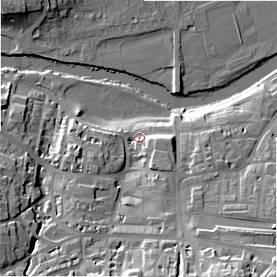 Shaded relief map of the ground around LS299FE, computed from Environment Agency LiDAR. The ground here sits at about 80 m above sea level and falls 38 m across the surrounding 800 m. Surface water reaching this point runs off ground lying to the south-south-east, 23.1 m higher.
