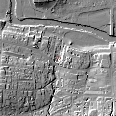 Shaded relief map of the ground around LS299FG, computed from Environment Agency LiDAR. The ground here sits at about 80 m above sea level and falls 44 m across the surrounding 800 m. Surface water reaching this point runs off ground lying to the south-west, 36.2 m higher.