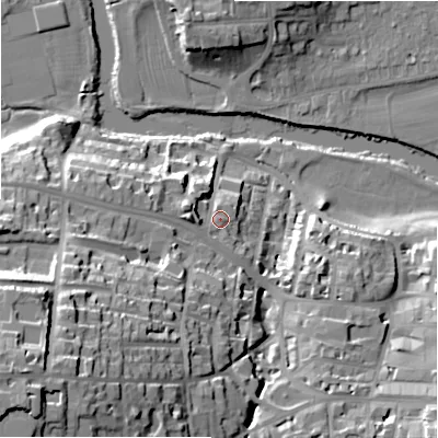 Shaded relief map of the ground around LS299HD, computed from Environment Agency LiDAR. The ground here sits at about 84 m above sea level and falls 47 m across the surrounding 800 m. Surface water reaching this point runs off ground lying to the west, 6.3 m higher.