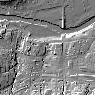 Shaded relief map of the ground around LS299HN, computed from Environment Agency LiDAR. The ground here sits at about 81 m above sea level and falls 41 m across the surrounding 800 m. Surface water reaching this point runs off ground lying to the south-south-east, 26.6 m higher.