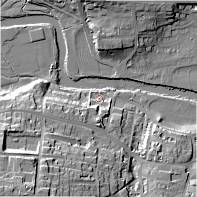 Shaded relief map of the ground around LS299HQ, computed from Environment Agency LiDAR. The ground here sits at about 76 m above sea level and falls 49 m across the surrounding 800 m. Surface water reaching this point runs off ground lying to the south, 12.2 m higher.