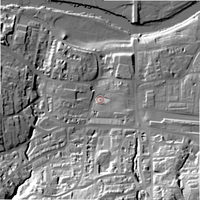Shaded relief map of the ground around LS299LB, computed from Environment Agency LiDAR. The ground here sits at about 87 m above sea level and falls 56 m across the surrounding 800 m. Surface water reaching this point runs off ground lying to the south-east, 8.1 m higher.