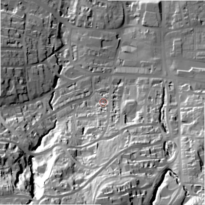 Shaded relief map of the ground around LS299NE, computed from Environment Agency LiDAR. The ground here sits at about 96 m above sea level and falls 84 m across the surrounding 800 m. Surface water reaching this point runs off ground lying to the south, 17.9 m higher.