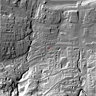 Shaded relief map of the ground around LS299NJ, computed from Environment Agency LiDAR. The ground here sits at about 92 m above sea level and falls 81 m across the surrounding 800 m. Surface water reaching this point runs off ground lying to the south-west, 60.8 m higher.