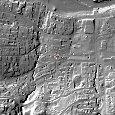 Shaded relief map of the ground around LS299PA, computed from Environment Agency LiDAR. The ground here sits at about 91 m above sea level and falls 72 m across the surrounding 800 m. Surface water reaching this point runs off ground lying to the south-west, 50.9 m higher.