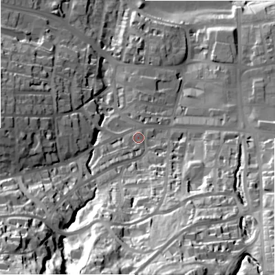 Shaded relief map of the ground around LS299PB, computed from Environment Agency LiDAR. The ground here sits at about 93 m above sea level and falls 85 m across the surrounding 800 m. Surface water reaching this point runs off ground lying to the south-west, 62.6 m higher.