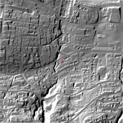 Shaded relief map of the ground around LS299PD, computed from Environment Agency LiDAR. The ground here sits at about 95 m above sea level and falls 86 m across the surrounding 800 m. Surface water reaching this point runs off ground lying to the south-west, 21.9 m higher.