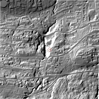 Shaded relief map of the ground around LS299PZ, computed from Environment Agency LiDAR. The ground here sits at about 146 m above sea level and falls 140 m across the surrounding 800 m. Surface water reaching this point runs off ground lying to the south, 44.2 m higher.