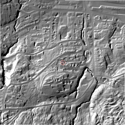 Shaded relief map of the ground around LS299QJ, computed from Environment Agency LiDAR. The ground here sits at about 128 m above sea level and falls 108 m across the surrounding 800 m. Surface water reaching this point runs off ground lying to the south-south-west, 28.5 m higher.