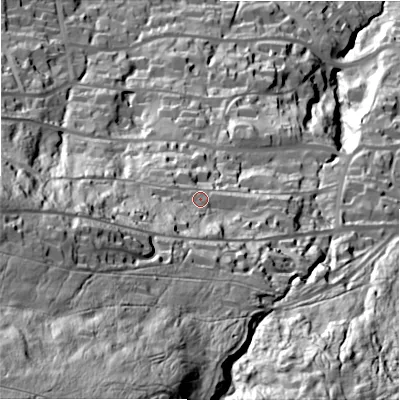 Shaded relief map of the ground around LS299QS, computed from Environment Agency LiDAR. The ground here sits at about 177 m above sea level and falls 181 m across the surrounding 800 m. Surface water reaching this point runs off ground lying to the south-west, 107.9 m higher.
