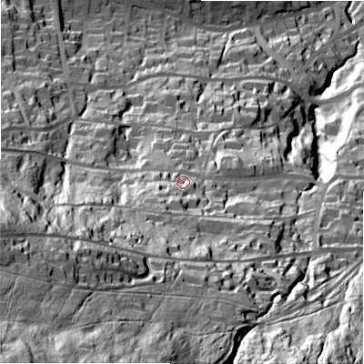 Shaded relief map of the ground around LS299QW, computed from Environment Agency LiDAR. The ground here sits at about 161 m above sea level and falls 172 m across the surrounding 800 m. Surface water reaching this point runs off ground lying to the south-south-west, 48.4 m higher.