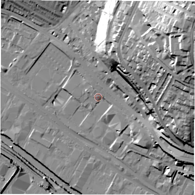 Shaded relief map of the ground around LS31BS, computed from Environment Agency LiDAR. The ground here sits at about 34 m above sea level and falls 59 m across the surrounding 800 m. Surface water reaching this point runs off ground lying to the north-north-east, 3.4 m higher.