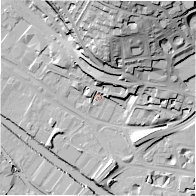 Shaded relief map of the ground around LS31DW, computed from Environment Agency LiDAR. The ground here sits at about 31 m above sea level and falls 46 m across the surrounding 800 m. Surface water reaching this point runs off ground lying to the north-east, 13.2 m higher.