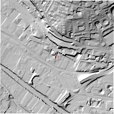 Shaded relief map of the ground around LS31EE, computed from Environment Agency LiDAR. The ground here sits at about 31 m above sea level and falls 45 m across the surrounding 800 m. Surface water reaching this point runs off ground lying to the north-east, 13.2 m higher.
