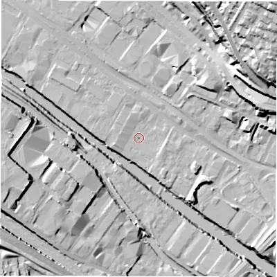 Shaded relief map of the ground around LS31FN, computed from Environment Agency LiDAR. The ground here sits at about 30 m above sea level and falls 43 m across the surrounding 800 m. Surface water reaching this point runs off ground lying to the east-south-east, 1.5 m higher.