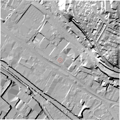 Shaded relief map of the ground around LS31HD, computed from Environment Agency LiDAR. The ground here sits at about 32 m above sea level and falls 57 m across the surrounding 800 m. Surface water reaching this point runs off ground lying to the north-east, 3.4 m higher.