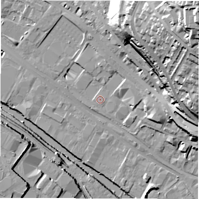 Shaded relief map of the ground around LS31HJ, computed from Environment Agency LiDAR. The ground here sits at about 32 m above sea level and falls 58 m across the surrounding 800 m. Surface water reaching this point runs off ground lying to the south-east, 0.5 m higher.