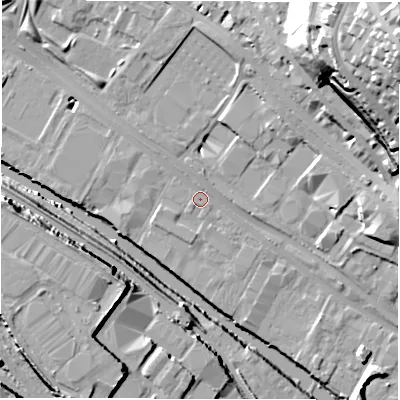 Shaded relief map of the ground around LS31HS, computed from Environment Agency LiDAR. The ground here sits at about 31 m above sea level and falls 44 m across the surrounding 800 m. Surface water reaching this point runs off ground lying to the north-west, 1.5 m higher.